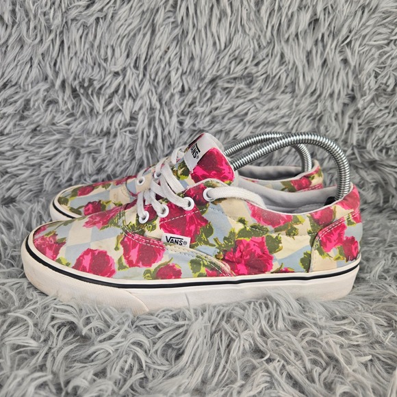 Vans Floral Rose Checkerboard Sneakers Women 9 Pink Blue Low Top Skate Shoes - Picture 6 of 9